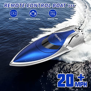 GizmoVine Ferngesteuertes Boot，Schnelle Geschwindigkeit RC Boot,25KM / H 2.4 GHZ Rennboote mit 2 wiederaufladbaren Batterien LCD Alarm bei schwacher Batterie für Jungen Mädchen Erwachsene (Blau)… - 2