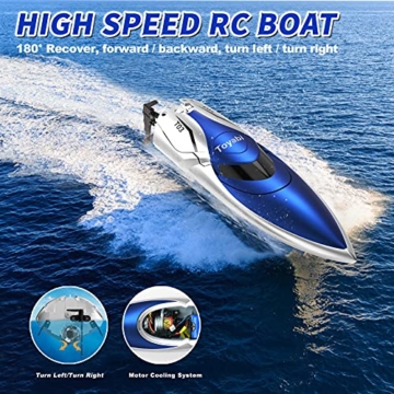 GizmoVine Ferngesteuertes Boot，Schnelle Geschwindigkeit RC Boot,25KM / H 2.4 GHZ Rennboote mit 2 wiederaufladbaren Batterien LCD Alarm bei schwacher Batterie für Jungen Mädchen Erwachsene (Blau)… - 7